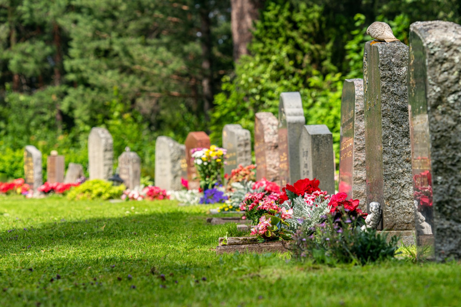 Fresh flowers at well-maintained grave